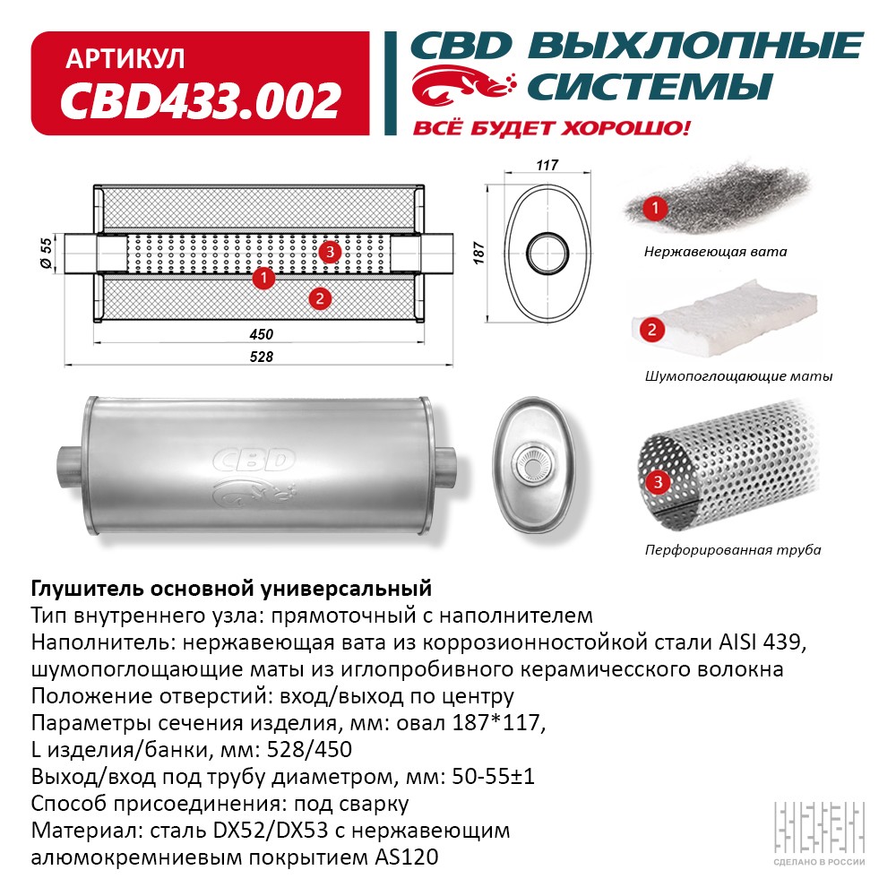 CBD CBD433002 Глушитель. Нержавеющий. Овал D187*117, L528/450. Прямоточный  под трубу 50-55мм.