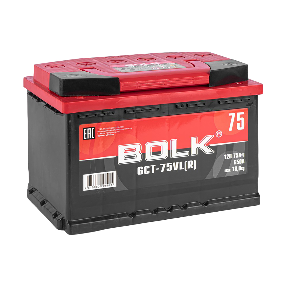 Аккумулятор BOLK Standart 75 Ач обратный R+ 278x175x190 L3 EN 650 А