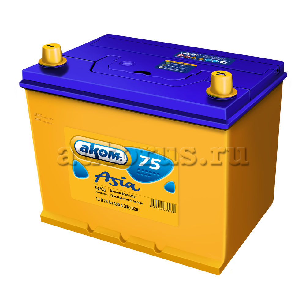 Аккумулятор АКОМ ASIA 75 А/ч обратный R+ 260x173x225 D26 EN 630 А АКОМ артикул 85D26L - цена, характеристики, купить в Москве в интернет-магазине автозапчастей АВТОРУСЬ