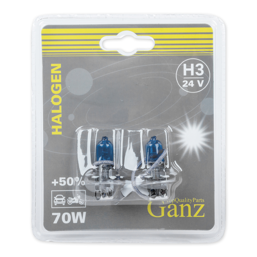 Лампа 24V H3 70W +50% PK22s 5000К GANZ 2 шт. блистер GIP06052