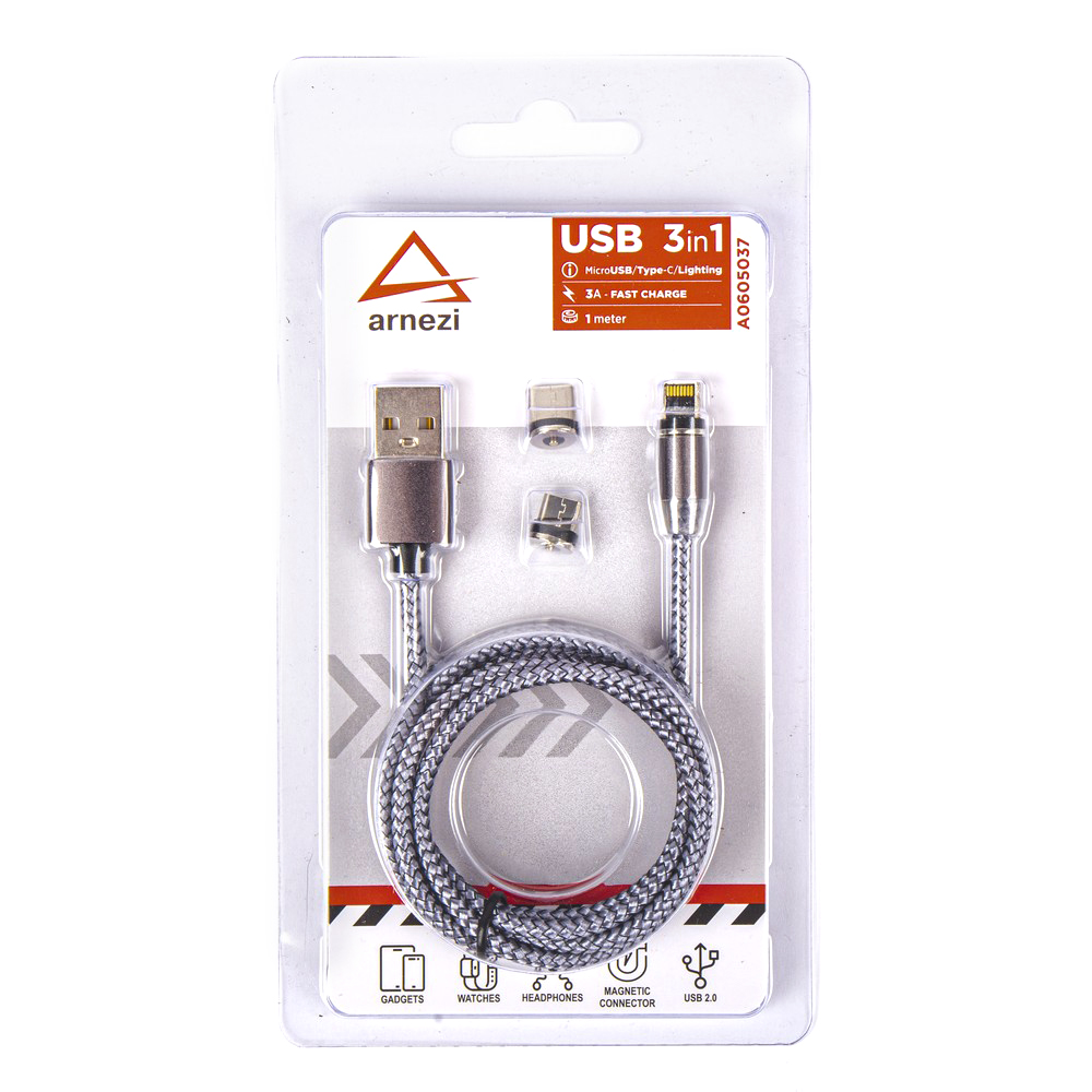 Дата-кабель зарядный 3в1 USB MicroType CLightning (1 м, 3А) магнитный коннектор, c подсветкой ARNEZI A0605037