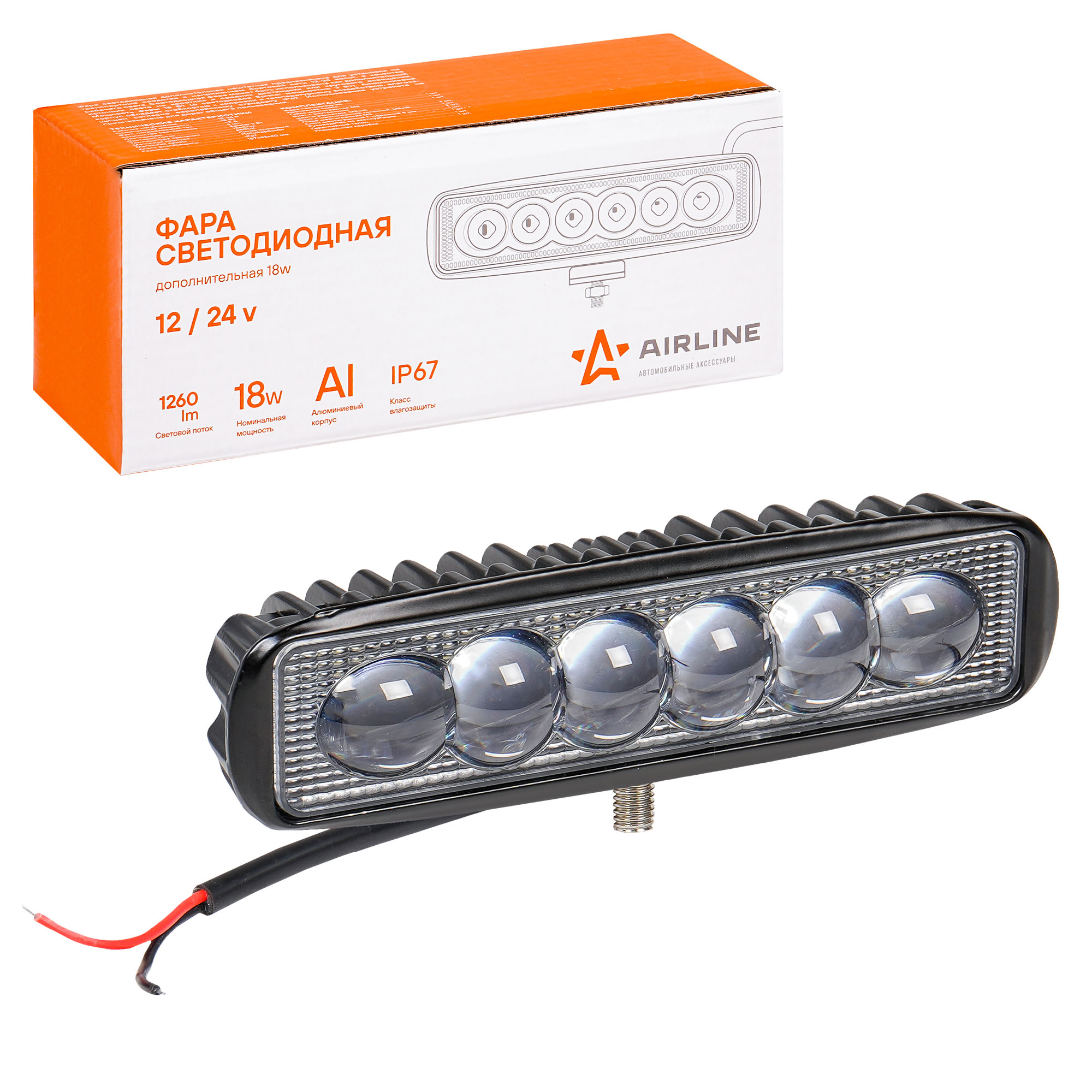 ALED006 AIRLINE Фара светодиодная прямоугольная, 6 LED 4D линза, 18W  (157х42х40) 12/24V (ALED006)