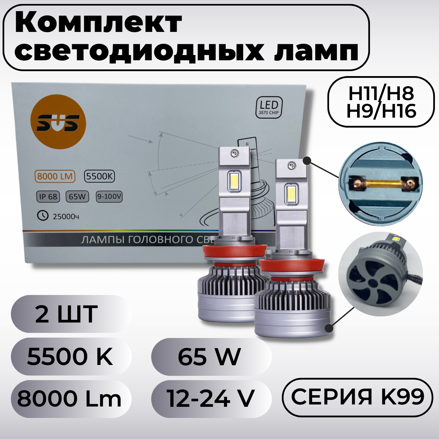 Лампа светодиодная 12V H11/H8//H9/H16 65W 8000lm SVS K99 2 шт. DUOBOX  0240503000 SVS артикул 0240503000 - цена, характеристики, купить в Москве в  интернет-магазине автозапчастей АВТОРУСЬ