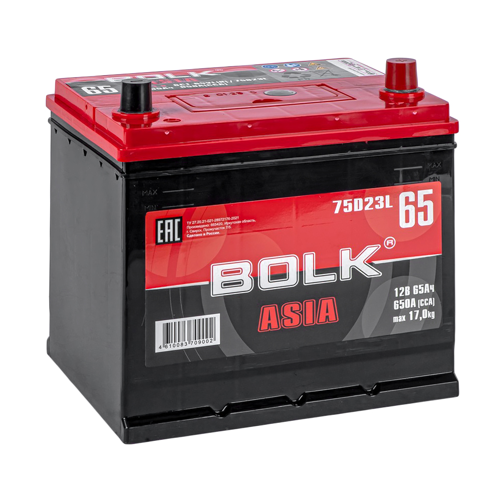 Аккумулятор BOLK ASIA 65 Ач обратный R+ 232x175x225 D23 EN 650 А