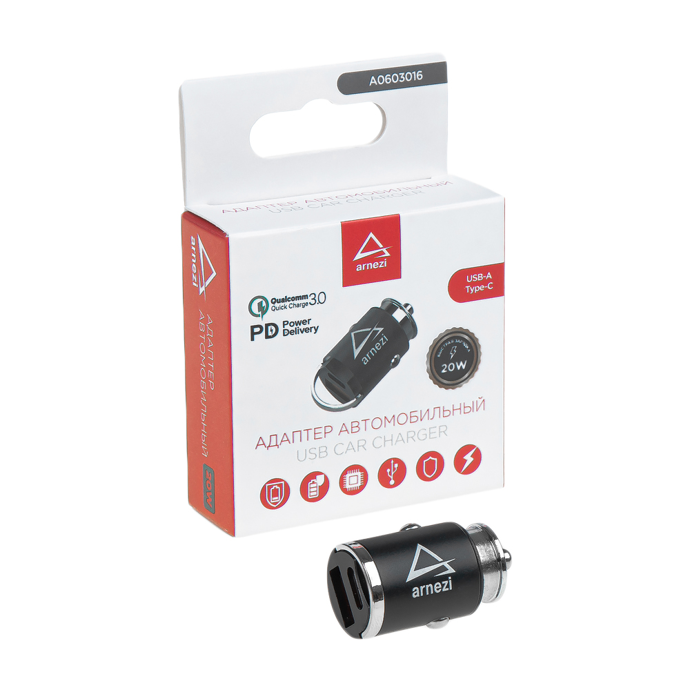 Адаптер автомобильный 20W USB-A (QC3.0) + Type-С (PD 3.0) 12-24V в прикуриватель ARNEZI A0603016