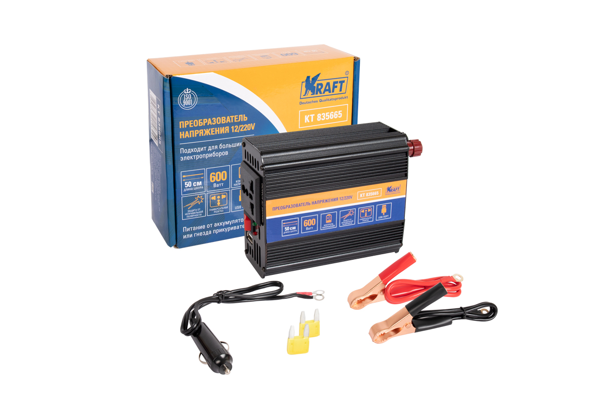 Инвертор автомобильный 12/220V 600W KRAFT KT835665 KRAFT артикул KT835665 -  цена, характеристики, купить в Москве в интернет-магазине автозапчастей  АВТОРУСЬ