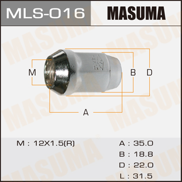 Гайка колесная 12x1.5 / под ключ=19 мм MASUMA MLS-016 MASUMA артикул MLS-016 - цена, характеристики, купить в Москве в интернет-магазине автозапчастей АВТОРУСЬ