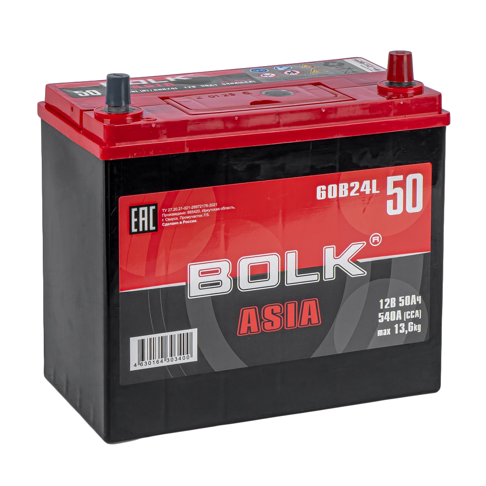 Аккумулятор BOLK ASIA 50 Ач обратный R+ 238x129x225 B24 EN 540 А