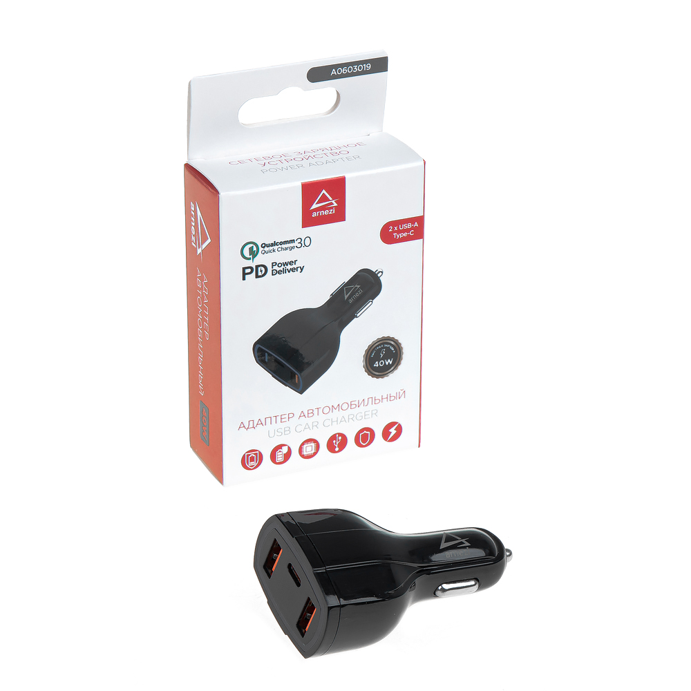 Адаптер автомобильный 40W 2хUSB-A 3.1А (QC3.0) + Type-С (PD 3.0) 12-24V в прикуриватель ARNEZI A0603019