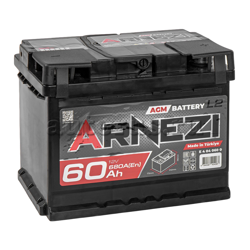 Аккумулятор ARNEZI AGM Start-stop 60 А/ч обратный R+ 242x175x190 L2 EN 680 А ARNEZI артикул E4040600 - цена, характеристики, купить в Москве в интернет-магазине автозапчастей АВТОРУСЬ