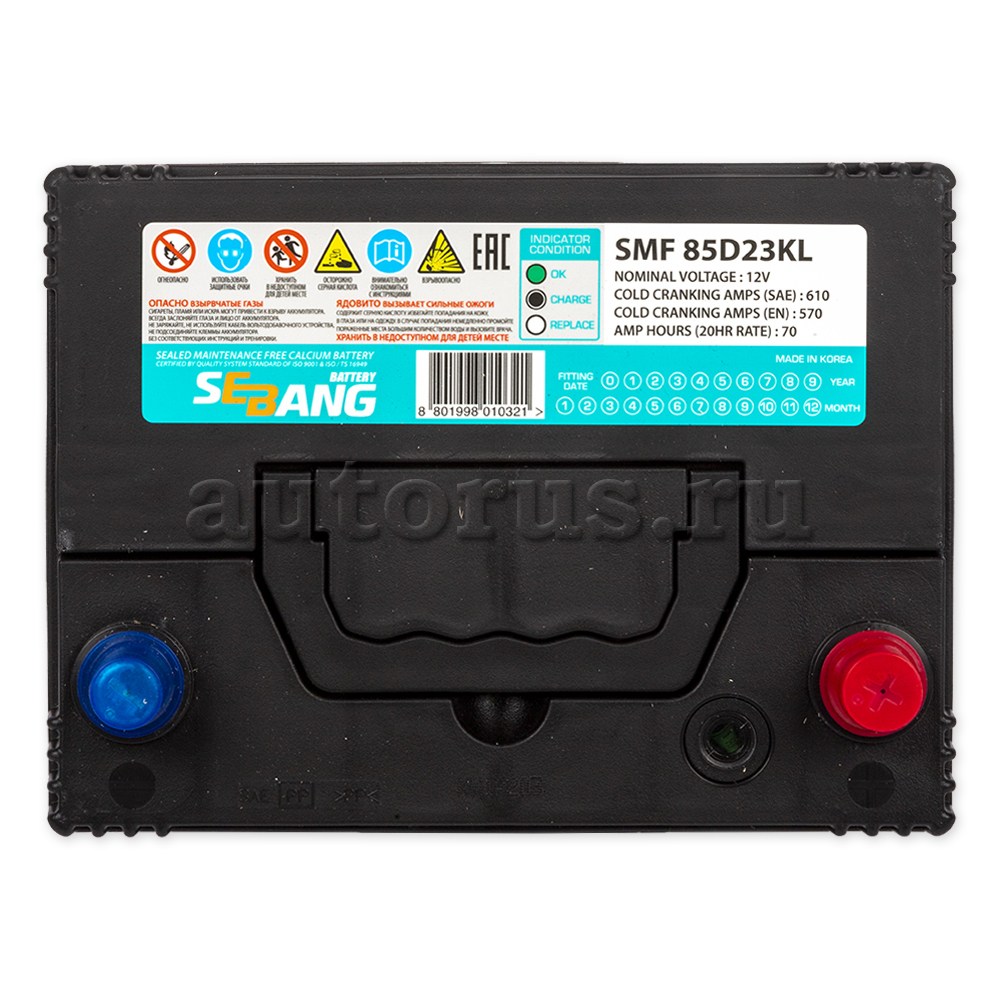 SEBANG SMF85D23KL Аккумулятор SMF 70 А/ч обратная R+ 232x175x225 EN610 А