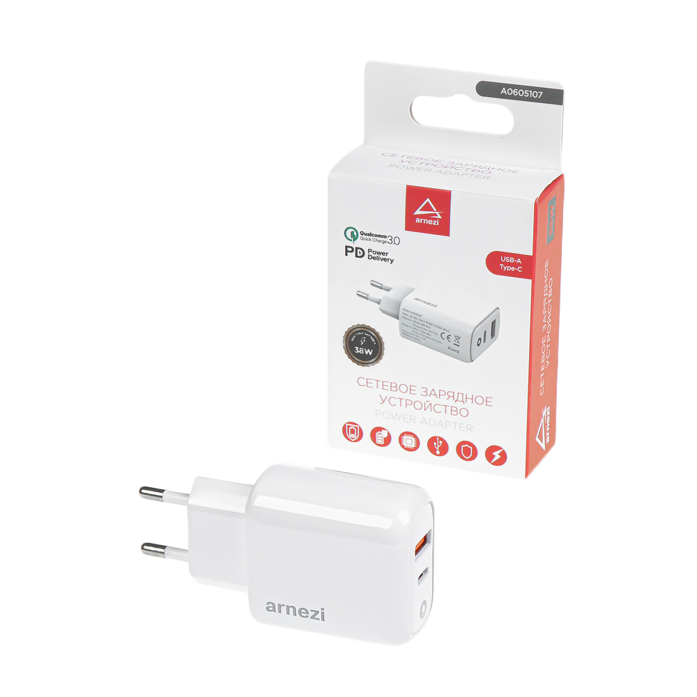 Сетевое зарядное устройство 38W USB-A (QC3.0), Type-C (PD3.0) ARNEZI A0605107
