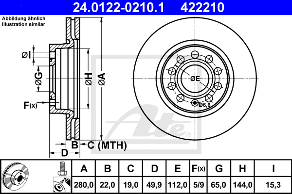 Диск тормозной передний VAG+Skoda all 03-> /Vent D=280mm ATE 24.0122-0210.1 ATE артикул 24.0122-0210.1 - цена, характеристики, купить в Москве в интернет-магазине автозапчастей АВТОРУСЬ