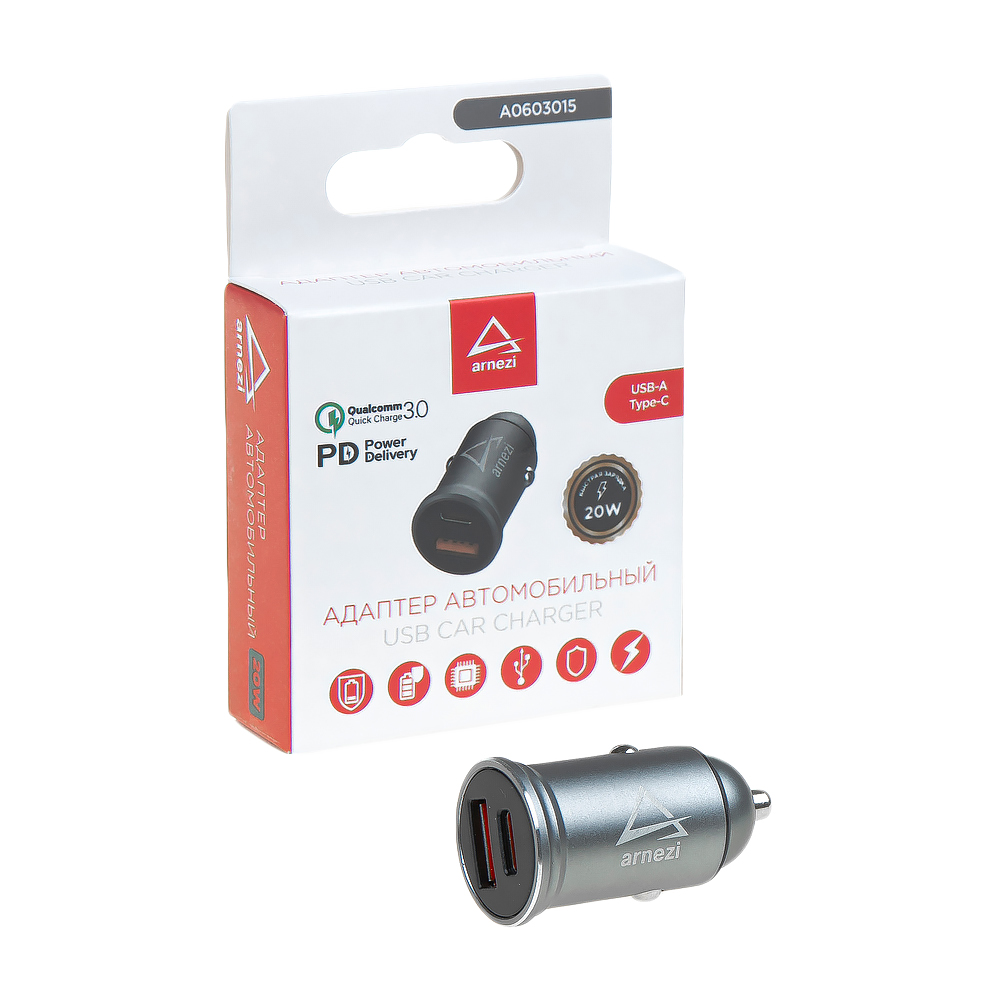 Адаптер автомобильный 20W USB-A (QC3.0) + Type-С (PD 3.0) 12-24V в прикуриватель ARNEZI A0603015